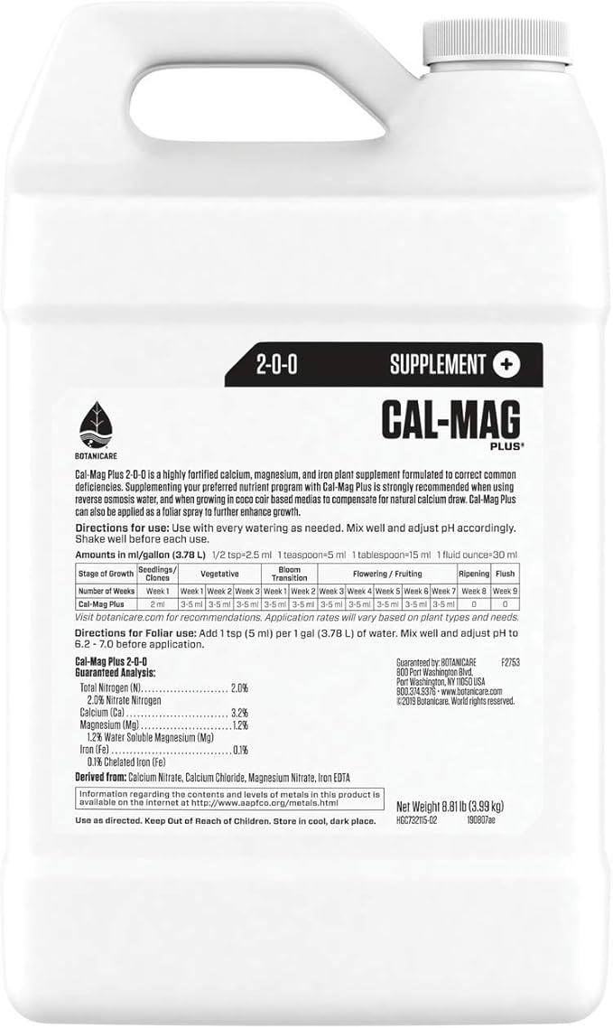 Botanicare Cal-Mag Plus, A Calcium, Magnesium, and Iron Plant Supplement, Corrects Common Plant Deficiencies, Add to Water or Use as a Spray, 2-0-0 NPK, 1-Gallon