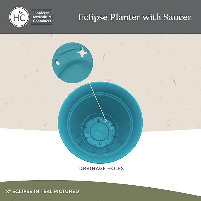 The HC Companies 6 Inch Eclipse Round Planter Pots with Drainage Holes & Attached Saucer, Lightweight UV-Resistant Plastic Indoor & Outdoor Planters, 4-Pack Flower Pots, Garden Home Decor, Cappuccino