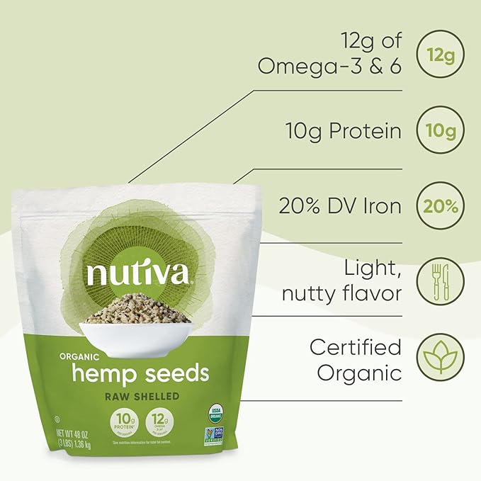 Nutiva Organic Raw Shelled Hemp Seed, USDA, Non-GMO, Non-BPA, Whole 30 Approved, Vegan, Gluten-Free & Keto, 10g Protein and 12g Omegas per Serving for Salads, Smoothies & More, 48 Ounce