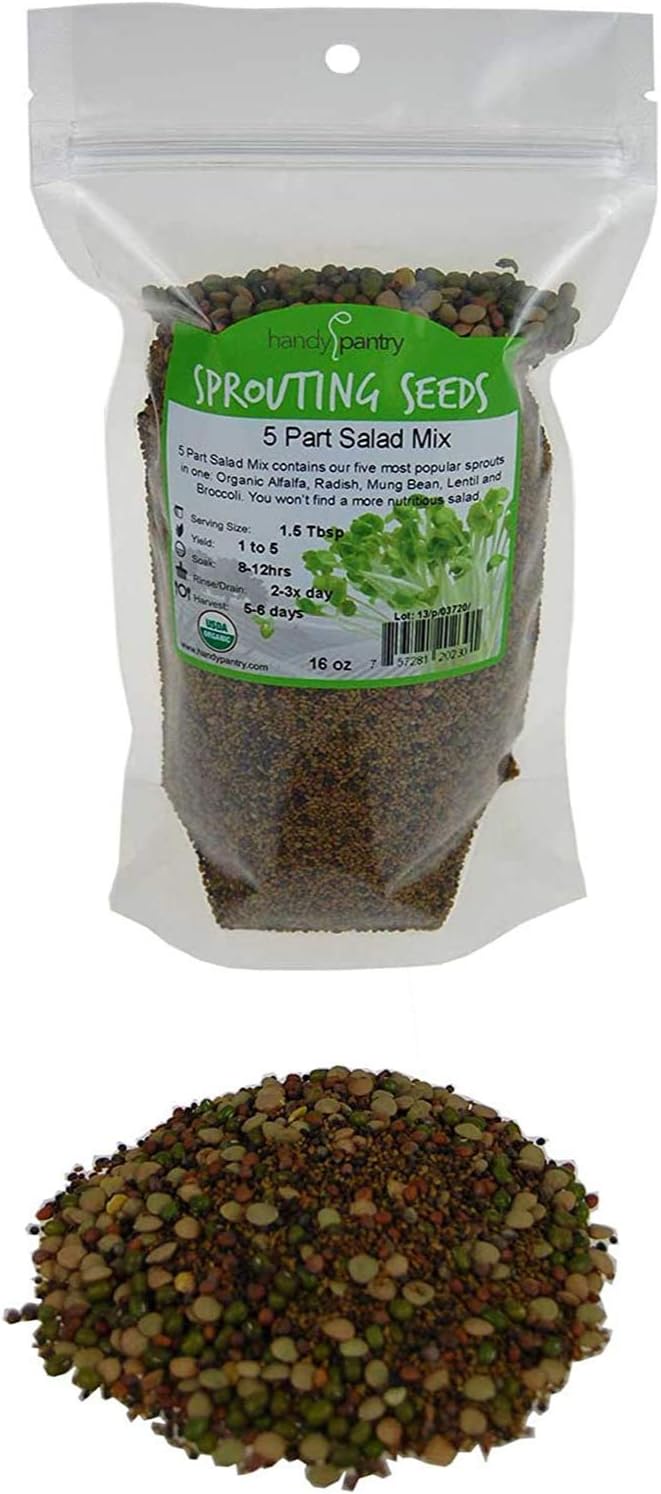 4 oz – Handy Pantry 5-Part Salad Sprout Mix – Organic, Non-GMO Seed Blend of Broccoli, Radish, Alfalfa, Lentil, and Mung Bean Seeds for Sprouting