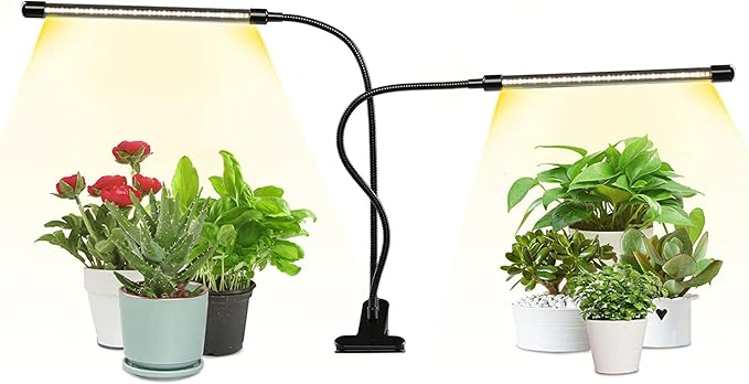 iPower LED Grow Light with Full Spectrum for Indoor Plants, Adjustable Gooseneck, 2/3 Light Modes&5/10 Dimmable Levels, 3 Auto Timing Modes, 2 Tubes, Yellow