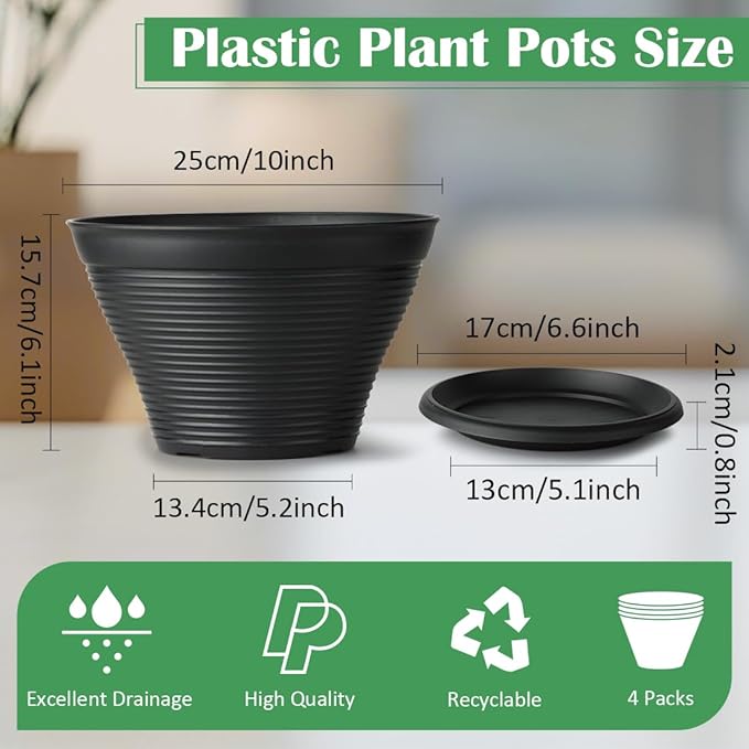 5 Pack 10 Inch Plant Pots with Saucers, Plastic Flower Pots with Drainage Holes, Large Planters for Indoor Outdoor Garden, House Plants, Flowers, Herbs, Gardening Gifts, Black