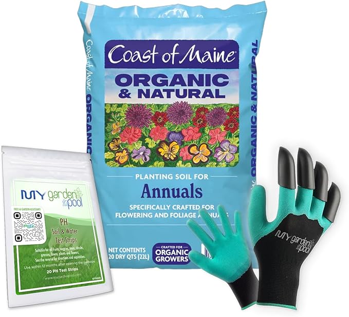 Coast of Maine AP3500 Annuals Planting Soil 20 qt with My Garden Pool 7-in-1 Soil Test Strips, 20 ct. and Claw Gardening Gloves