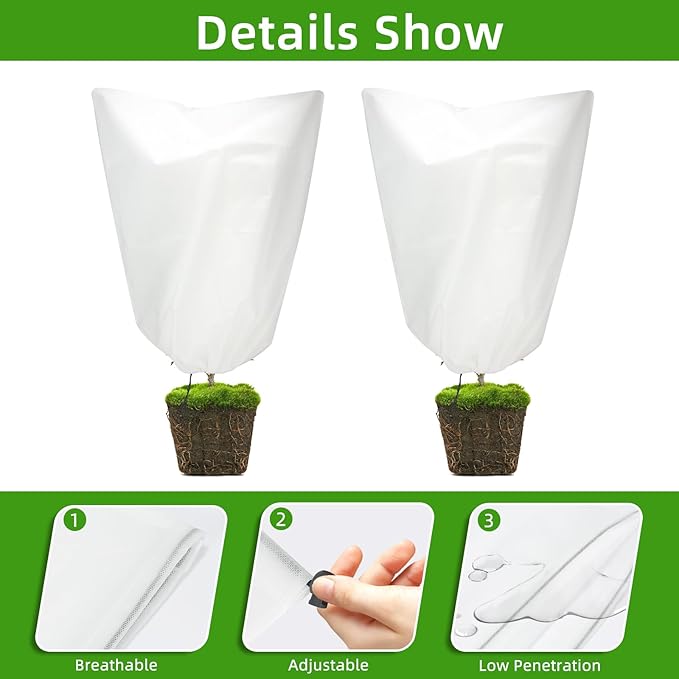 3 Packs Plant Covers Freeze Protection, 42" x 45" 2.25 oz Frost Cloth Plant Freeze Protection Tree Jacket Cover for Outdoor Plants Shrubs Potted, Garden Plant Winter Protection Bags with Drawstring
