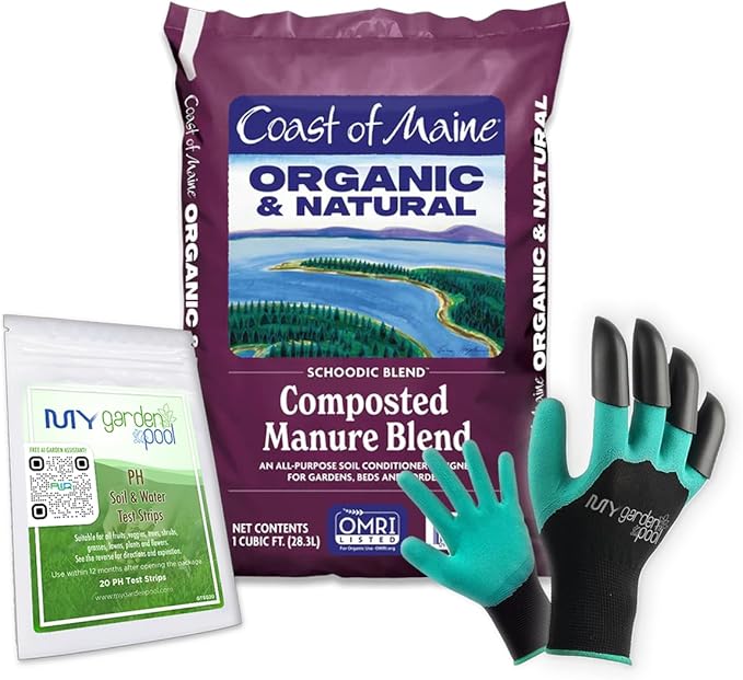 Coast of Maine SC1000 Schoodic Composted Manure Blend Conditioner 1 cf with My Garden Pool 7-in-1 Soil Test Strips, 20 ct. and Claw Gardening Gloves