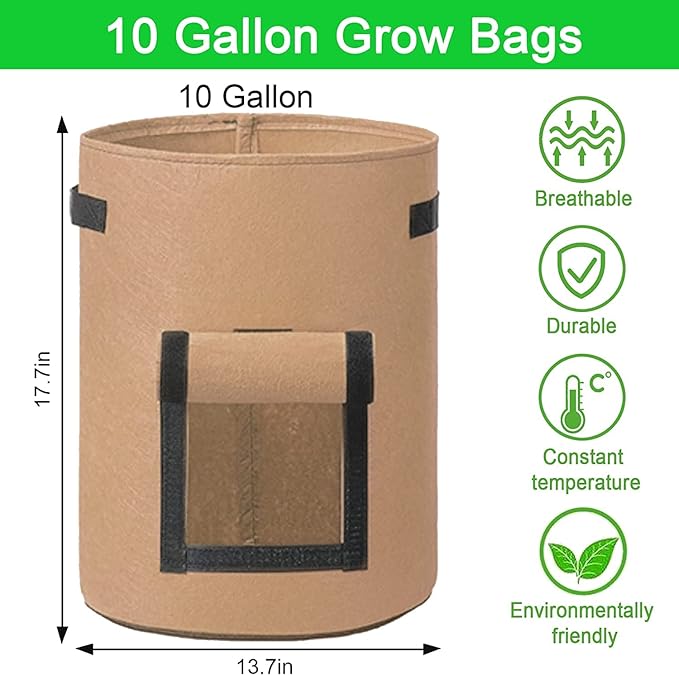 JJGoo 4 Pack Potato Grow Bags 10 Gallon with Flap, Heavy Duty Fabric Grow Bags with Handle and Harvest Window, Non-Woven Planter Pot Plant Garden Bags to Grow Vegetables Potato Tomato, Brown