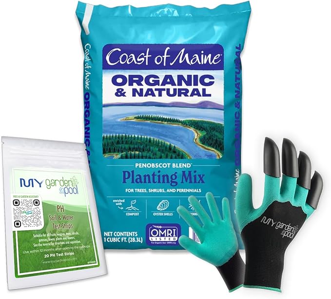 Coast of Maine PE1000 Penobscot Tree & Shrub Planting Mix 1 cf with My Garden Pool 7-in-1 Soil Test Strips, 20 ct. and Claw Gardening Gloves