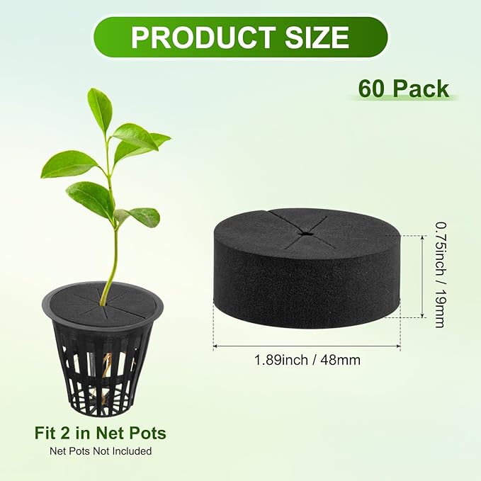 60-Pack Cloning Collars Inserts, Hydroponics Sponge Systems Cloning DIY Foam Cloner Inserts Fits 2" Net Pots for Hydroponic/DIY Cloner/Clone Machines/Plant Germination [Black]