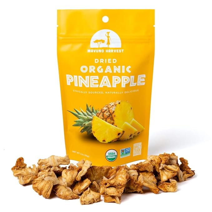 Mavuno Harvest Pineapple Dried Fruit Snacks | Organic Dried Pineapple Chunks| Gluten Free Healthy Snacks for Kids and Adults | No Sugar Added, Vegan, Non GMO, Direct Trade | 2 Ounce, Pack of 3