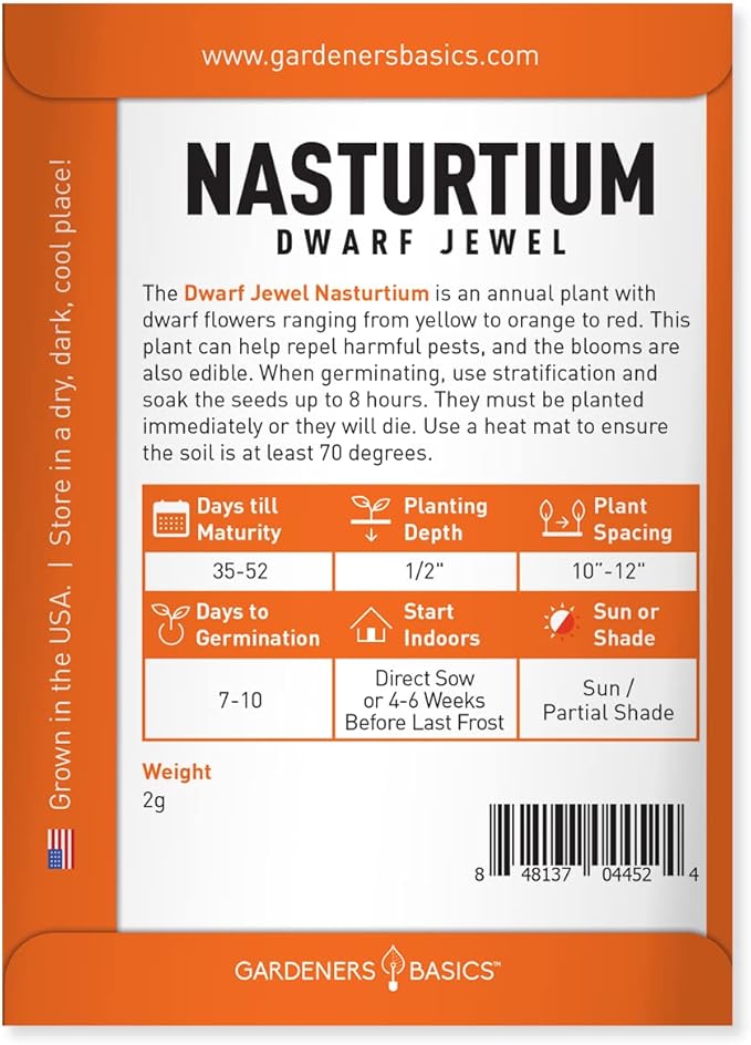 Gardeners Basics, Nasturtium Flower Seeds for Planting (Dwarf Jewel) - Edible Flower Open Pollinated, Non-GMO Annual Flower Seed for Flower Gardens