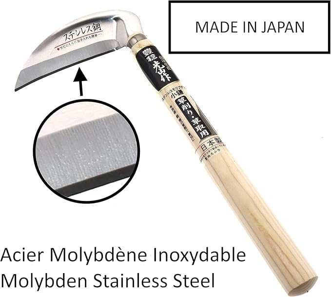 HONEN Japanese Stainless Weeding Sickle, Molybdenum Stainless Steel Hand Weeder for Sharp, Rust-Resistant Weed Removal, Wood Handle, Made in Japan