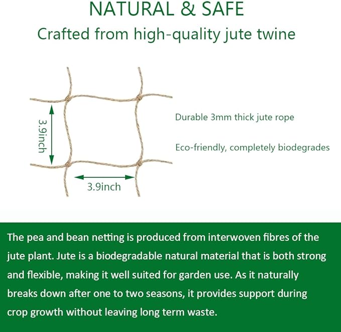 Jute Trellis Netting - Jute Netting for Climbing Plants, Heavy Duty Garden Plant Support Netting for Cucumber, Vine, Fruits & Vegetables Tomato Plants Trellis Net (6.6 x 16.4 Ft, 3.9 Inch Squares)