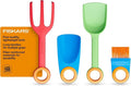 Fiskars Kids Garden Tool Set (4-Piece) - Ages 3+ Educational Tool Set for Yard Work - Cultivator, Trowel, Scoop and Brush with Organizational Hang Holes