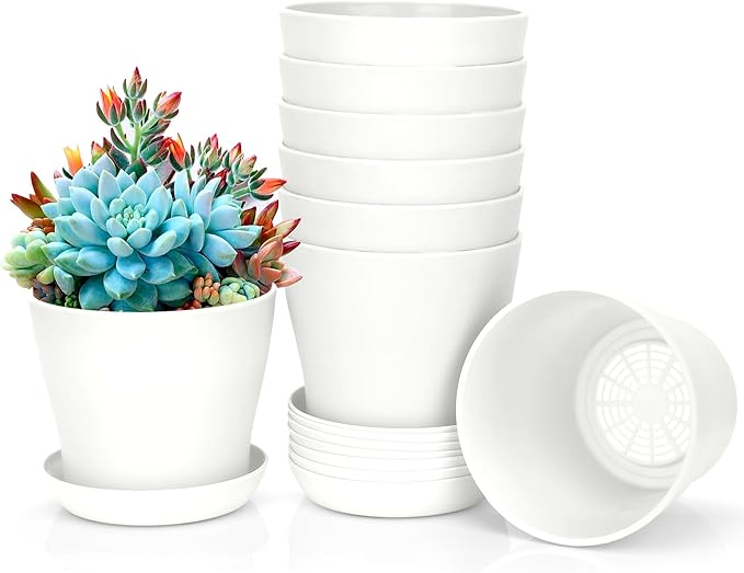 8 Pcs White Small Round Casual Plant Pots, Succulent Pots, Indoor/Outdoor, Resin Plastic, Drainage Hole, Polished Finish