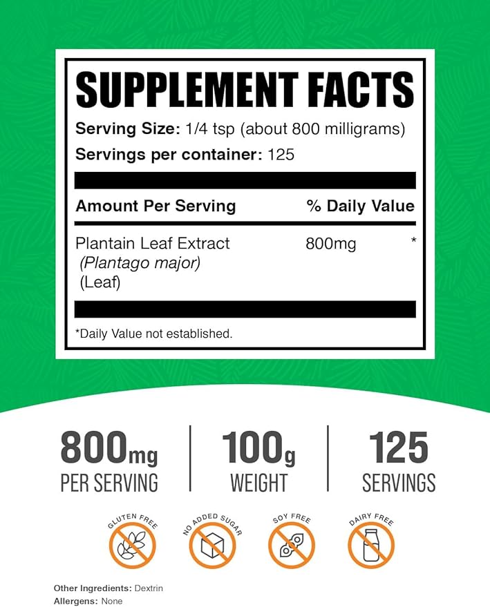 BulkSupplements.com Plantain Leaf Extract Powder - Plantain Leaf Powder - Herbal Supplement, Gluten Free, 800mg per Serving, 100g (3.5 oz) (Pack of 1)