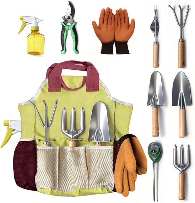 10-Piece Premium Gardening Tool Set—Includes A Moisture Meter, Heavy-Duty Rust-Resistant Stainless Steel Tools with A Storage Carry Bag. The Perfect Gardening Gift for Both Men and Women (Pink)
