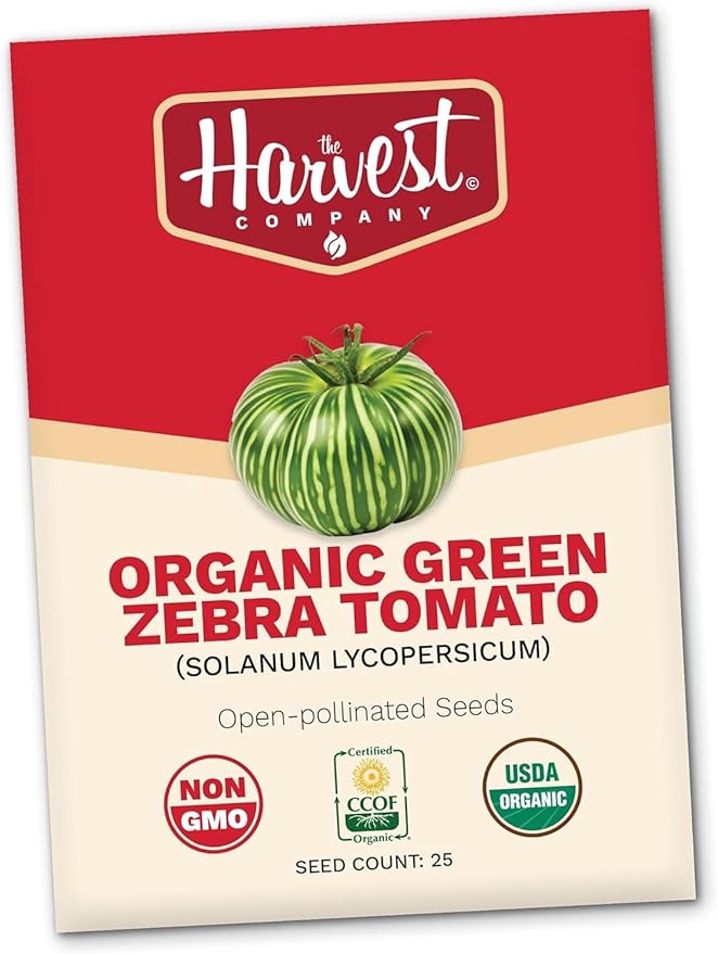 The Harvest Company Organic Seeds Collection – USDA Certified, Non-GMO, Open-Pollinated for Indoor & Outdoor Planting (Green Zebra Tomato)