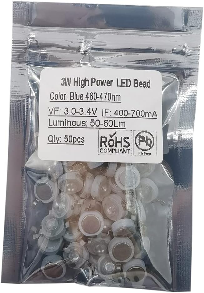 Generic 50 pcs High Power Led Chip on Board 3W Blue (400mA-700mA / DC 3V-3.4V / 3 Watt) Super Bright Intensity SMD COB Light Emitter Components Diode 3 W Bulb Lamp Beads DIY Lighting, Blue(460nm)
