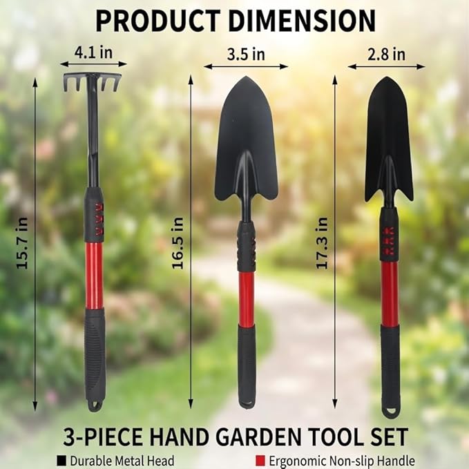 Garden Tools Set, 3 Gardening Tools Include Hand Trowel, Rake, Transplant Shovel, Lightweight Heavy Duty Garden Tool with Non Slip Handle for Yard Weed, Plant, Crack, Gardening Gift for Men & Women