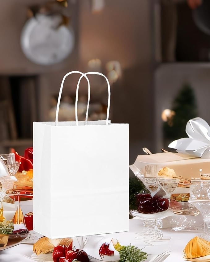 qiqee 200-Packs White Paper Gift Bags with Handles Bulk 8.3"x6"x3.15" Small Size Paper Bags Multiple Uses
