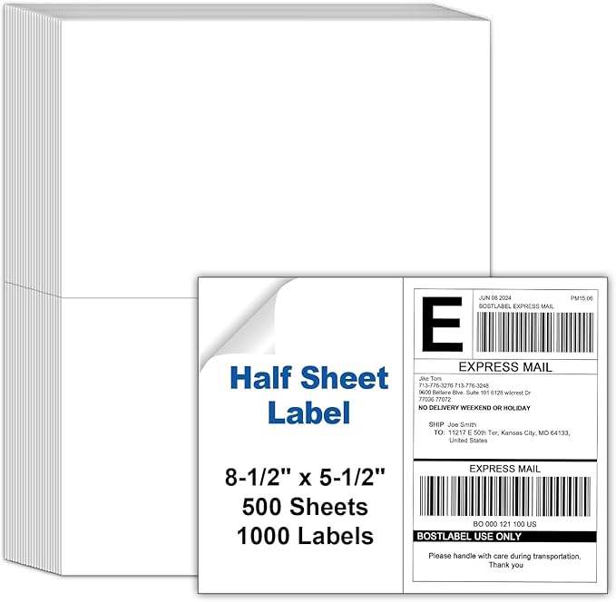 Bostlabel 8.5"x5.5" Half Sheet Shipping Labels for Laser & Inkjet Printers, 500 Sheets 1000 Pcs Half Page Labels, Self Adhesive Mailing Address Stickers