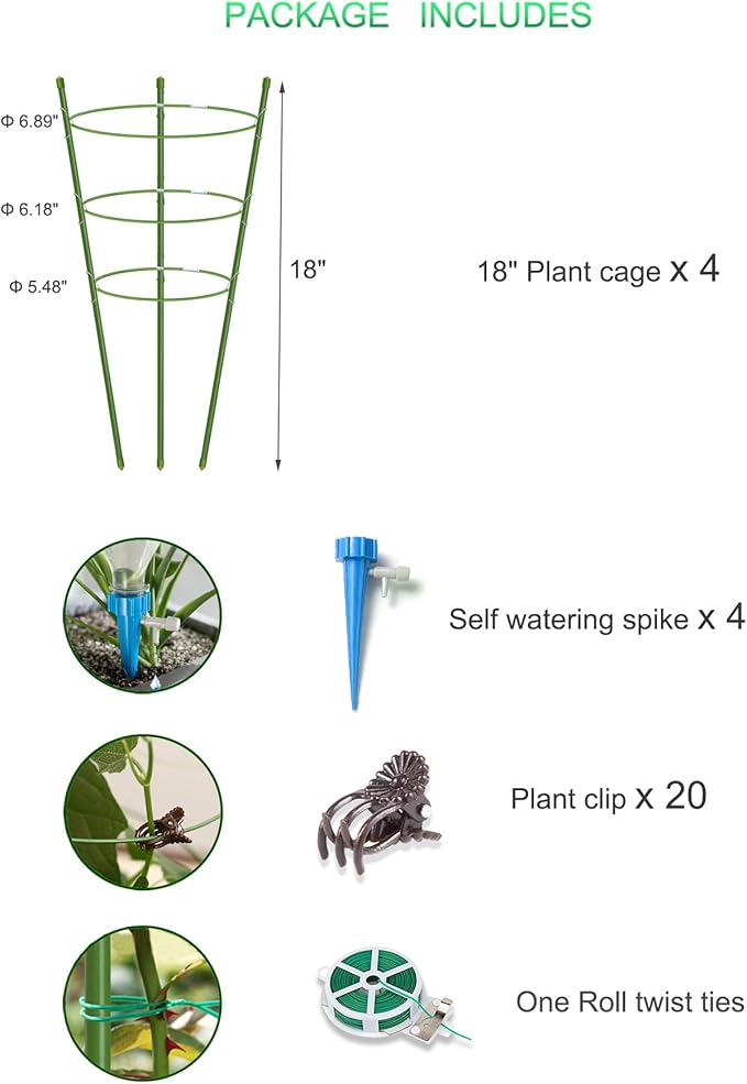 4 Pack Garden Plant Support Tomato Cage, Upgrade 18" Trellis for Climbing Plants, Plant Trellis Kits (18")