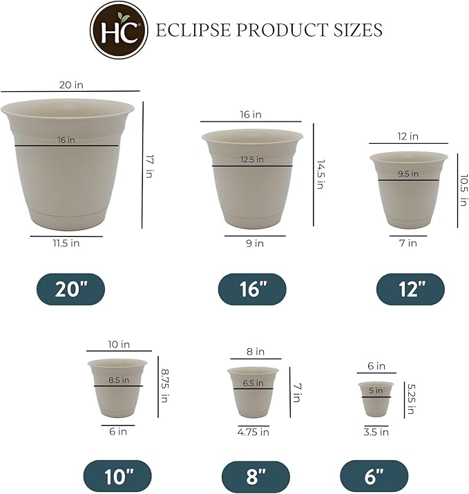 The HC Companies Eclipse Round Planter with Saucer - Outdoor & Indoor Plant Pot with Drainage Holes - Lightweight, UV-Resistant Plastic Pots for Plants, Flowers & Herbs (20" Cottage Stone, Pack of 1)
