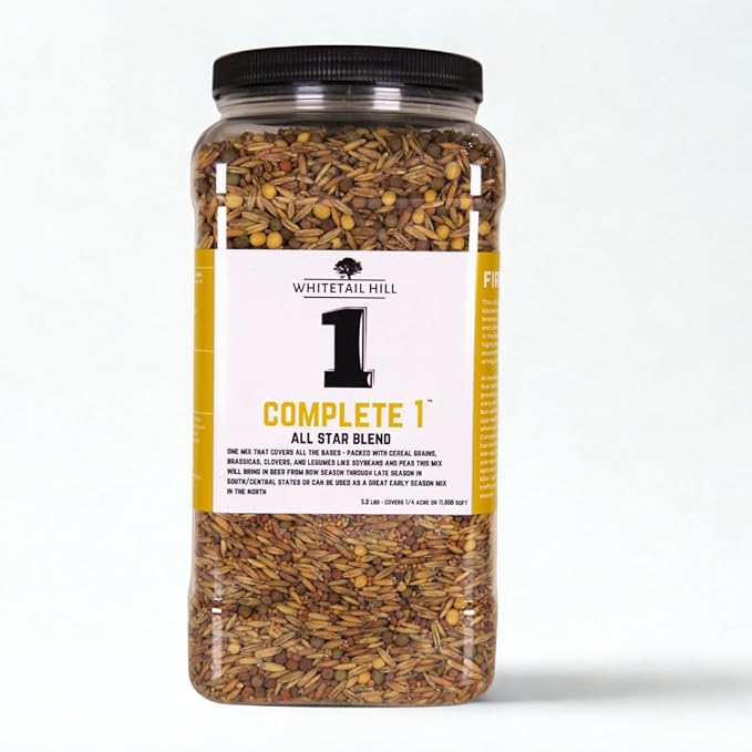Complete 1 Food Plot Seed Mix for Deer, 1/4 Acre or 1 Acre, One Mix Covers All The Bases, Cereal Grains, Brassicas, Clovers, Legumes, Early Season Blend