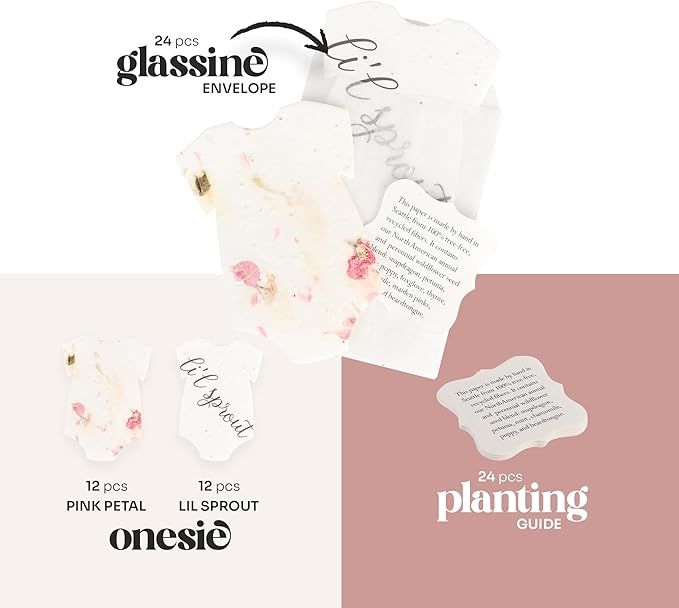 Set of 24 Onesie Seed Paper – Writable & Plantable Wildflower with Envelopes & Planting Guides, Gift for Moms or Plant Lovers for Mother’s Day, Party Favors for Weddings & Showers