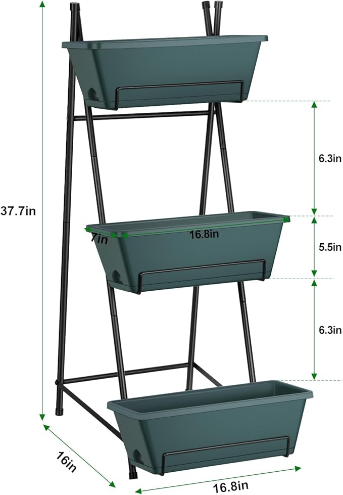 Raised Garden Bed 3 Tier Vertical Garden Planter Standing Garden Bed Planter Box Outdoor Herb Planter with Drainage Holes Removable Tray for Patio Balcony Porch Green