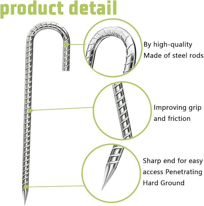 Rebar-Stakes-12-Inch, Ground Stakes Heavy Duty J-Hook Galvanized Anti-Rust Heavy Duty Ground Anchors for Garden Dog Fence Chicken Coop Christmas Decorations Deer Fence 12pcs