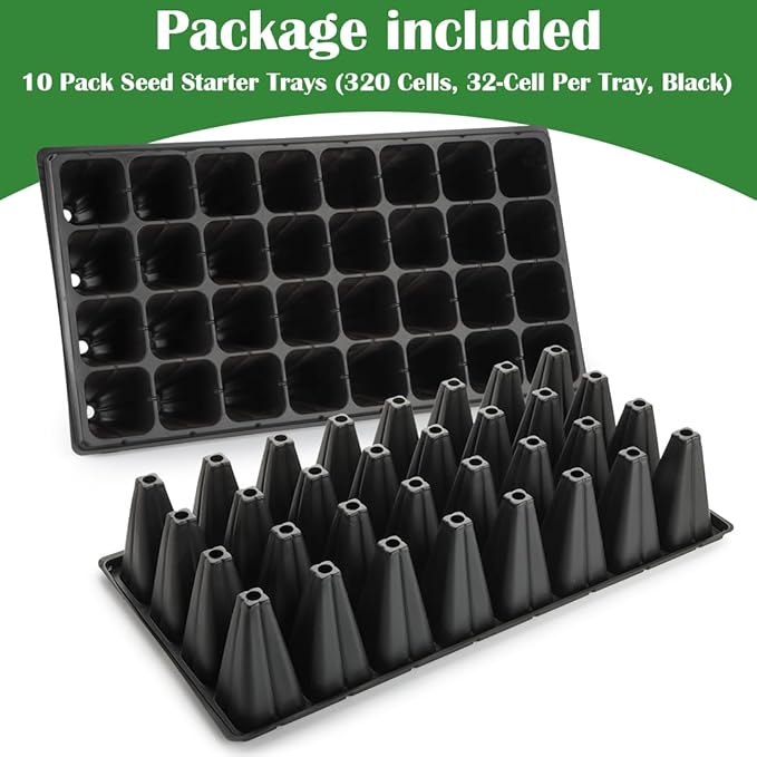 RooTrimmer 10 Pack 32 Cell Seed Starter Trays - Extra Deep 4.33" Plastic Nursery Trays, 20" x 10"，Fits Standard 1020 Flats