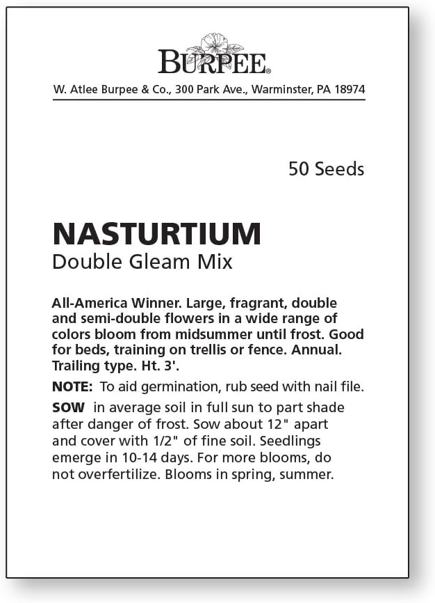 Burpee Double Gleam Mixed Colors Nasturtium Seeds 50 seeds