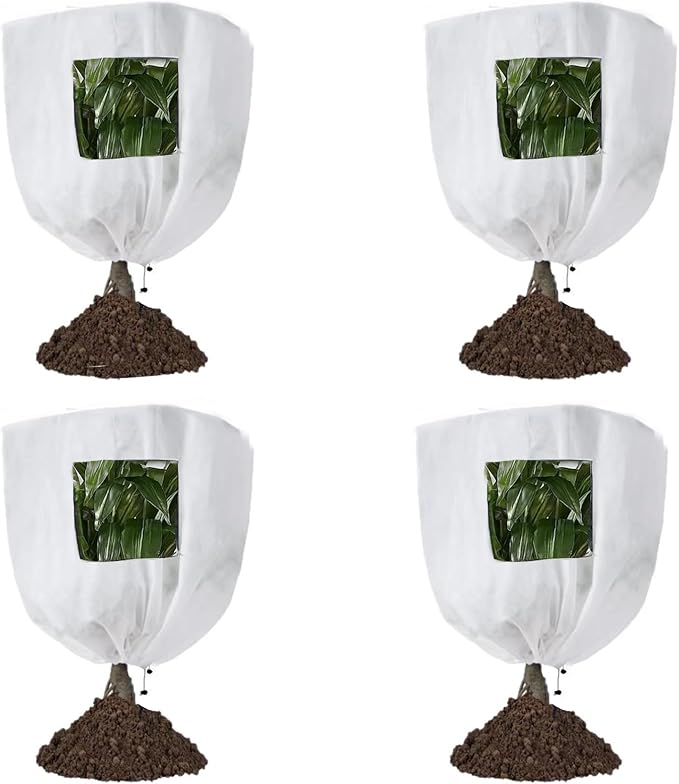 CMINGJ Plant Frost Protection Covers with Viewing Window, 39.37" x 39.37", 2.06oz/yd², Reusable Drawstring Tree Cover, Winter Tree Blanket with Zipper for Outdoor Plants, Frost Protection Cloth 4 Pack