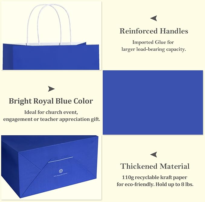 BagDream Royal Blue Gift Bags Medium Size 8x4.25x10.5 Kraft Blue Paper Bags with Handles Bulk 100Pcs for Wedding, Party Favors, Business, Retail, Grocery Paper Gift Sacks