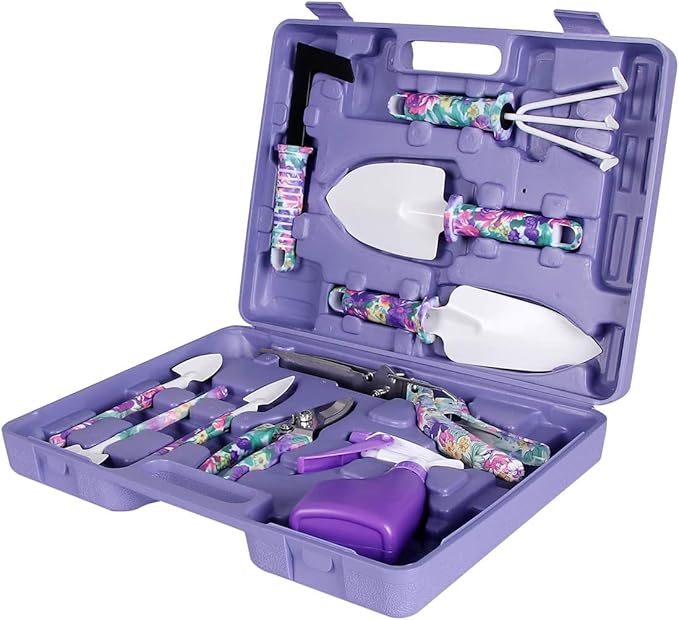 Gardening Tools, LEKEONE 10 Pieces Garden Tools with Floral Print, Ergonomic Handle Trowel Rake Weeder Pruner Shears Sprayer,Gardening Supplies with Carrying Case Gifts for Women