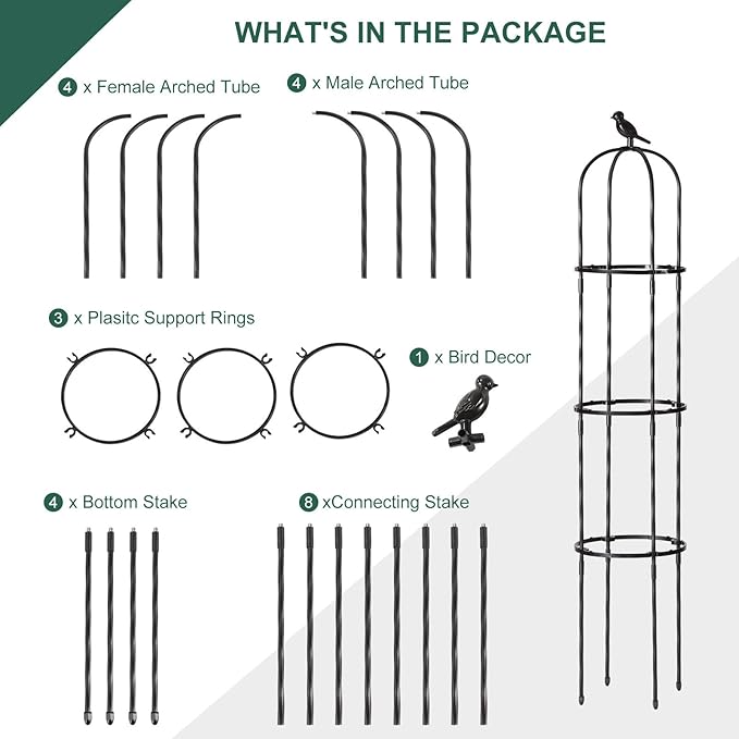 Garden Trellis Obelisk for Climbing Plants, Lightweight Metal Plant Support for Roses Clematis Vines, Rustproof Decorative Trellis for Outdoor Garden Patio Planter, Black, 2 Pack