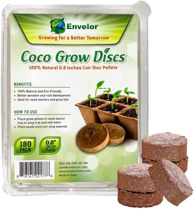 Envelor Coco Coir Seed Starting Pellets 0.8 Inches Dia - 180 Pack Soil Mix for Seed Starter Kits, Nursery Pots and Seed Trays Compressed Coconut Fiber Pellets Indoor Plants Potting Soil Coco Discs