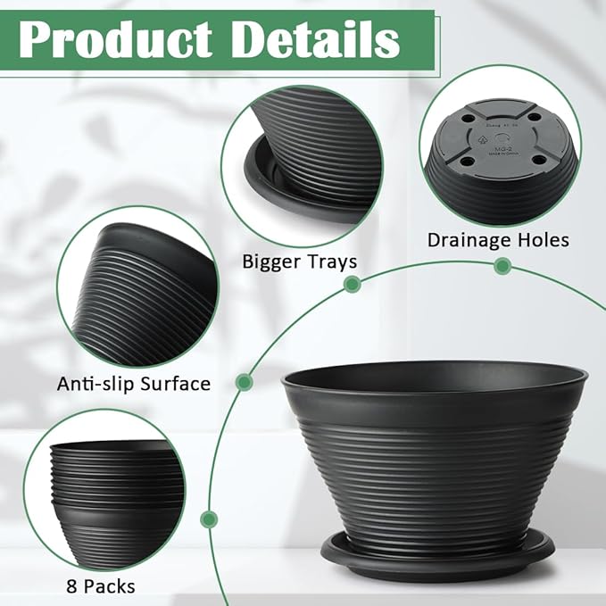 8 Inch Plastic Plant Pots with Saucers 8 Pack, Flower Pots with Drainage Holes, Sturdy Planter Pots for Indoor Outdoor, Modern Decorative Gardening Pots for Planting House Plants, Black
