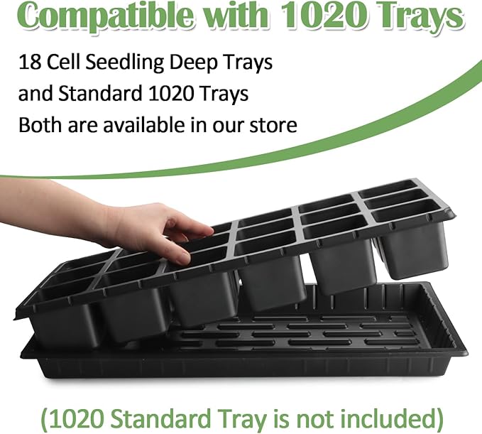 RooTrimmer 10 Pack 18 Cell Seed Starter Trays - 2.9 "Deep 3 Inch Big Cell Plastic Nursery Trays, 20" x 10", for 1020 Flat Trays Seed Germination, Planting Seedlings & Propagation