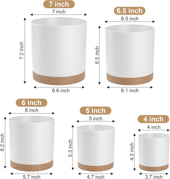 Plant Pots with Drainage Holes and Saucers – 7, 6.5, 6, 5, 4 Inch Plastic Planters for Indoor Outdoor Plants, Modern Matte Finish, Lightweight & Durable（White
