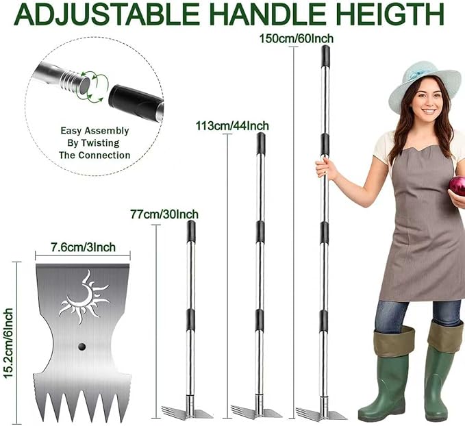 Weed Puller Tool with Long Handle, 60'' Manual Weed Puller Tool, Stainless Steel 2 in 1 Hand Weed Rake,Heavy Duty Garden Hoe for Gardening,Uprooting (Chrome(Stainless Steel), 60" Long Handle)