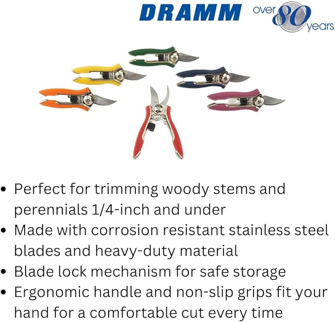 Dramm ColorPoint Stainless Steel Compact Garden Pruning Shears, Hand Pruner, Garden Clippers, with Heavy Duty Blade and Easy grip Handle, Red