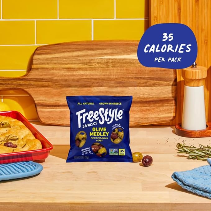 Freestyle Snacks Olive Snack Packs - As Seen on Shark Tank - Single Serve - Fresh Pitted Olives, Grown in Greece, All Natural, Non-GMO, Sugar-Free, Salty - Mediterranean Herb, 1.1oz (6 Pack)