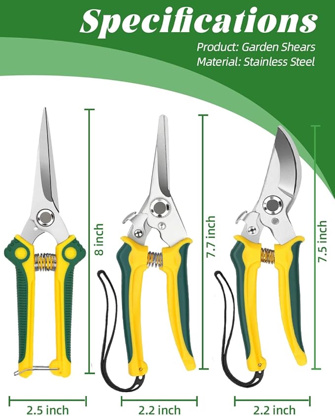3 Pack Garden Pruning Shears, Stainless Steel Shears, Gardening Shears, Scissors, Garden Clippers, Pruning Snips, Pruning Shears for Gardening Tools (Yellow+Green)