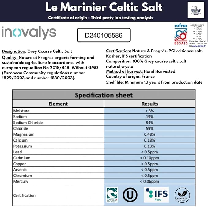 Le Marinier Celtic Salt Organic Grey Coarse, 1.1lb - 18oz Pack of 2. Mineral Rich Unrefined French Sea Salt 100% Natural, Hand Harvested (1.1lb Grey Coarse - Pack of 2)