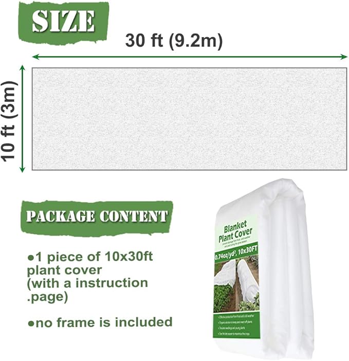 Plant Covers Freeze Protection 10 ft x 30 ft Floating Row Cover 0.9oz/yd² Garden Fabric Plant Cover for Winter Frost/Sun Pest Protection (10FT X 30FT)