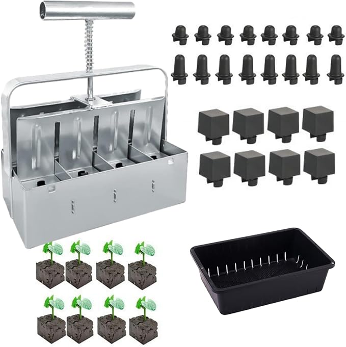 Soil Blocker with A Seedling Tray 8 Cell 2 Inch Soil Block Maker Handheld Block Maker with 3 Sizes Seed Pins Garden Blocking Tools for Seedings, Cuttings, Greenhouses