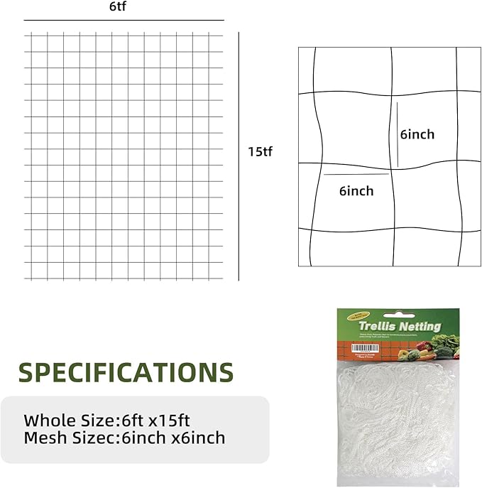 Trellis Netting, PDGROW Garden Plant Trellis Netting, 6 x 15 ft Heavy Duty Garden Trellis Netting, Outdoor Grow Net for Vines, Fruits, Vegetables, Grapes, Beans,Peas, 1 Pack