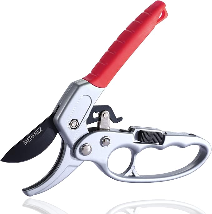MEPEREZ Ultra Sharp Germany Steel Pruning Shears - Cuts 3X Easier, Weak Hand Arthritis Snips, Rust-Resistant, Effortlessly 1-Inch Cut Capacity Garden Scissors, Ergonomic Handle (Red)